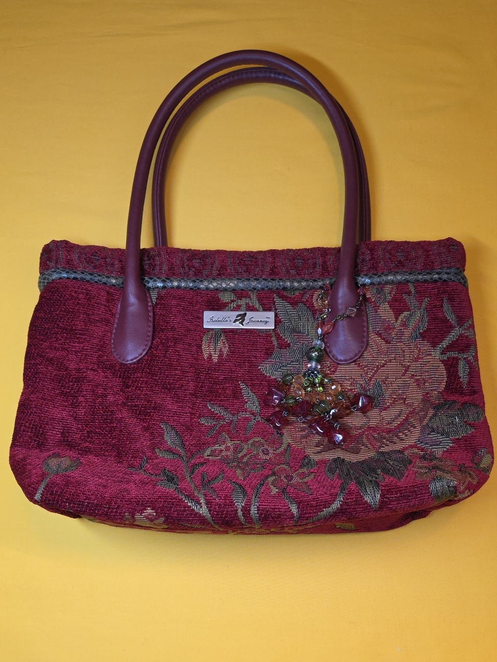 Vintage Isabella's Journey Floral Tapestry Purse Handbag with Beaded Charm - EUC
